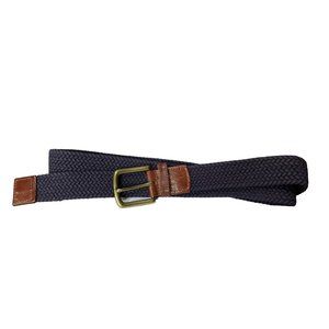 LL Bean Mens Woven Cotton Leather Belt Navy Blue / Tan Brown / Brass Size 44